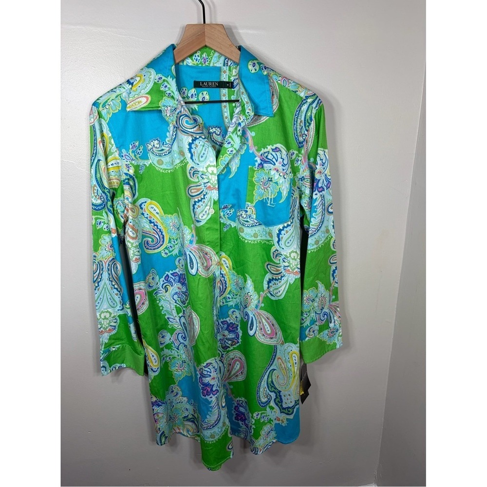 NWT Lauren Ralph Lauren Paisley Tunic Shirt Green Blue Women's M